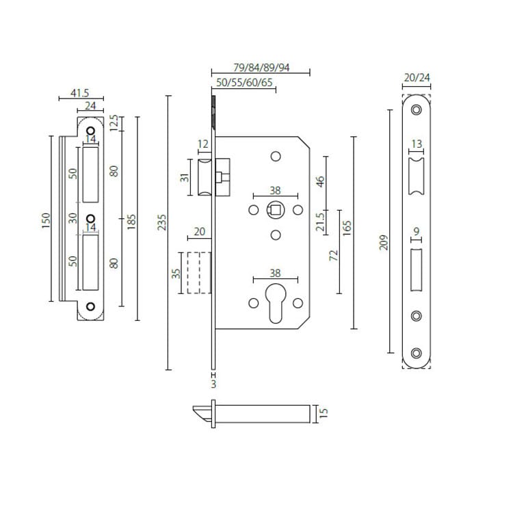 ML1072 Series Entry Door Lock Set with 72mm Centers,50/55/60/65mm backset - Door Lock - 1 107201 Entry Door Sashlock Set with 72mm Centers -drawing