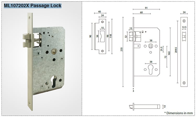 ANSI/BHMA Grade 1 mortise passage latch ML107202X - Door Lock - 1 ANSI BHMA Grade 1 mortise passage latch ML107202X Passage Lock-X