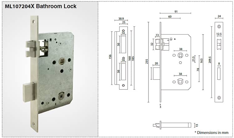 ANSI/BHMA Grade 1 bathroom mortise lock ML107204X - Door Lock - 1 ANSI Grade 1 bathroom mortise lock ML107204X-X
