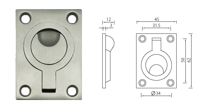 FHS07 stainless steel flush pull handle with ring pull, satin finish - Flush Pull - 1 FHS07 stainless steel flush pull and ring pull-X