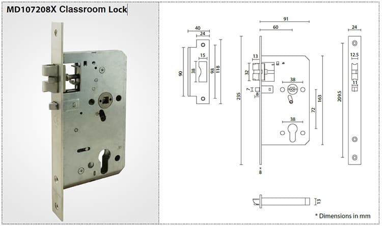 MD107208X mortise classroom lock,60mm Backset - Door Lock - 1 MD107208X ANSI Grade1 mortise classroom lock-X