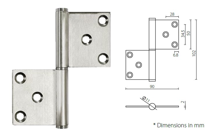 Satin stainless steel flag hinge 102mm*89mm*2mm for 40kg doors - Door Hinge - 1 Satin stainless steel flag hinge 102mm*89mm*2mm for 40kg doors