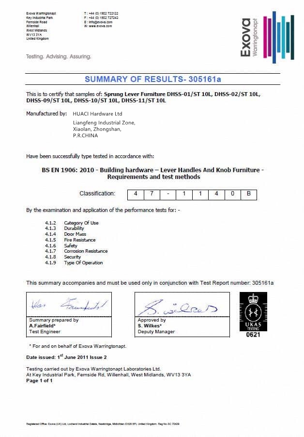 certificates of Entry Door Handle Lever Set SR01 En1906 Grade 4