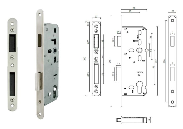 mortice lock with magnetic latch 92mm centers 50mm backset